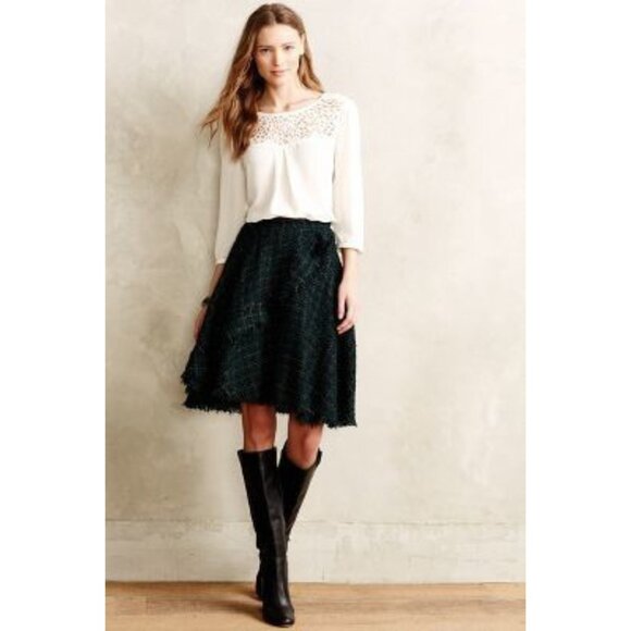 Eva Franco Dresses & Skirts - Anthropologie Tweed Fringe Metallic Green Fit and Flare Skirt by Eva Franco